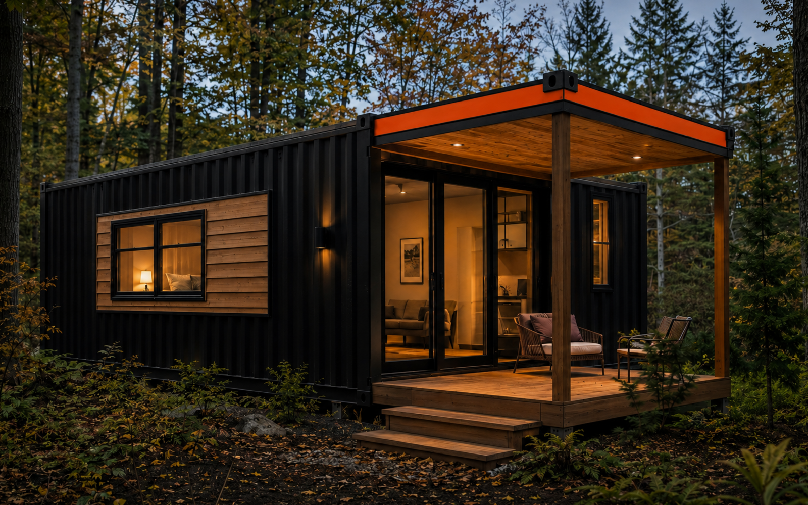 Finished black container cabin with orange trim designed for comfortable year-round occupancy