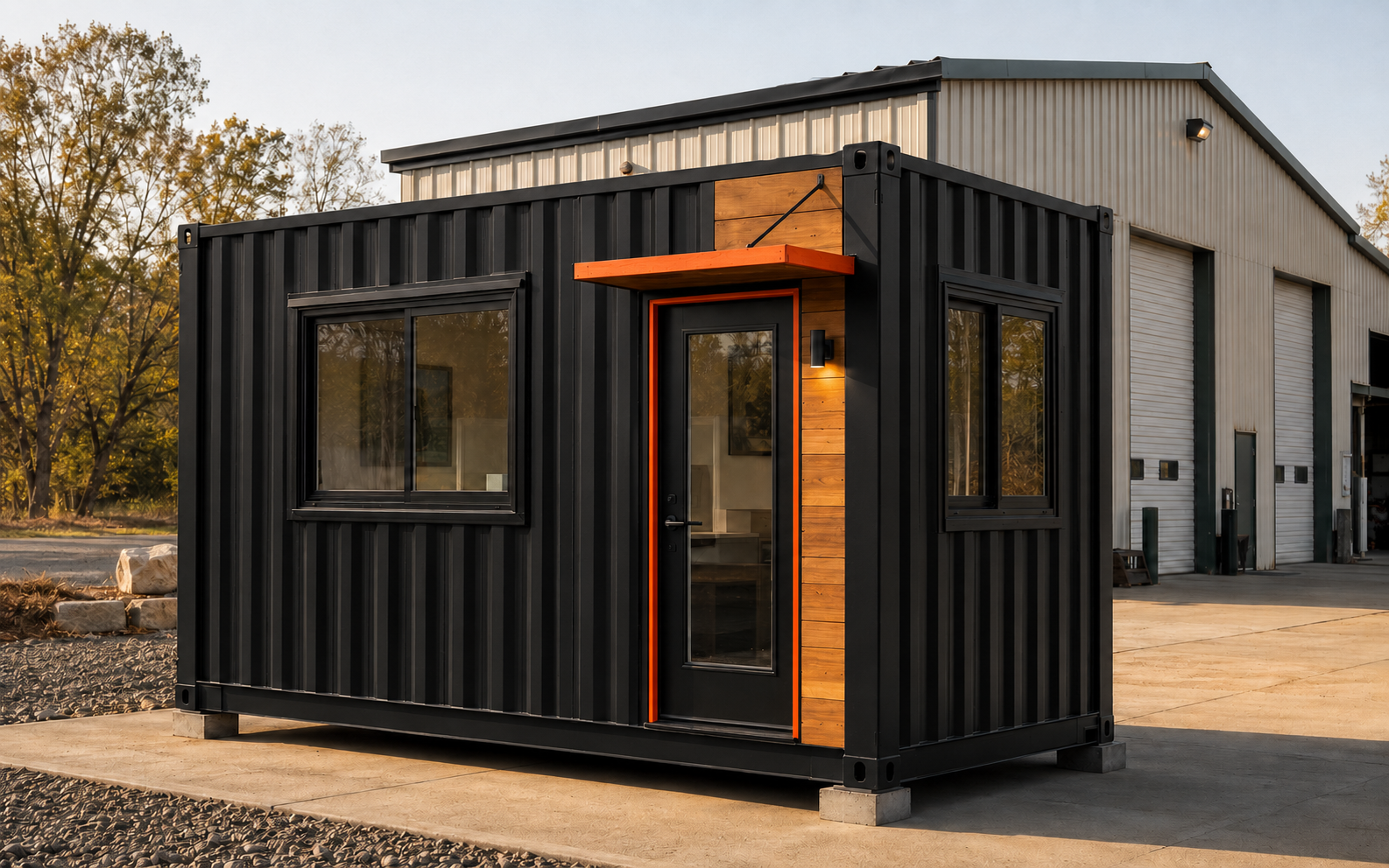 A finished modular container unit outside The Mod Shop fabrication facility