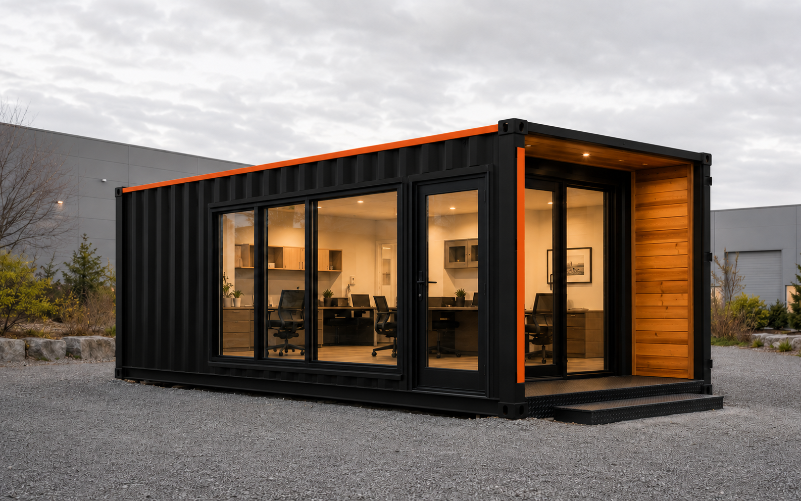 Finished black and orange office container with commercial windows and entry door