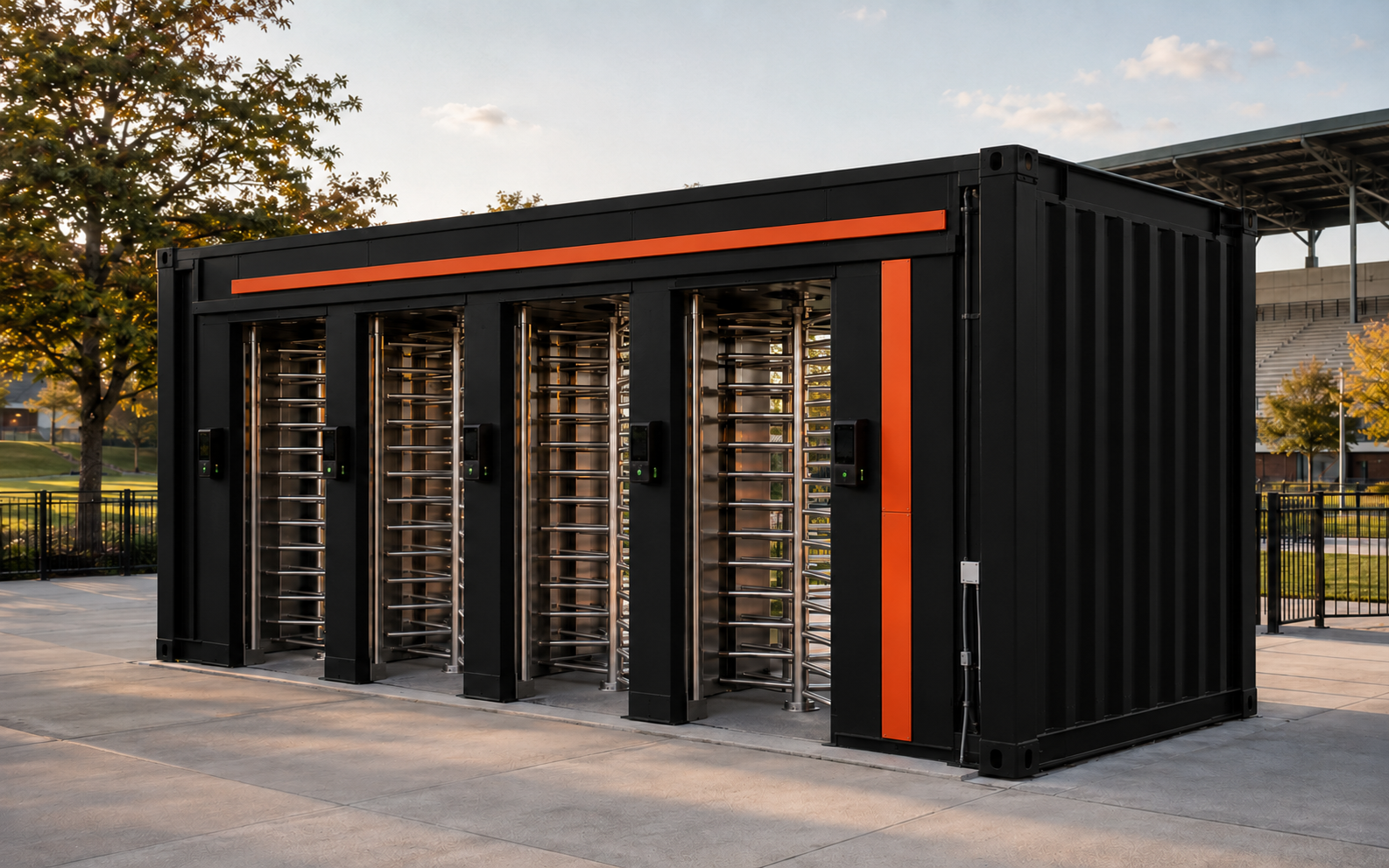 Black and orange container entrance unit with integrated turnstiles at an event venue